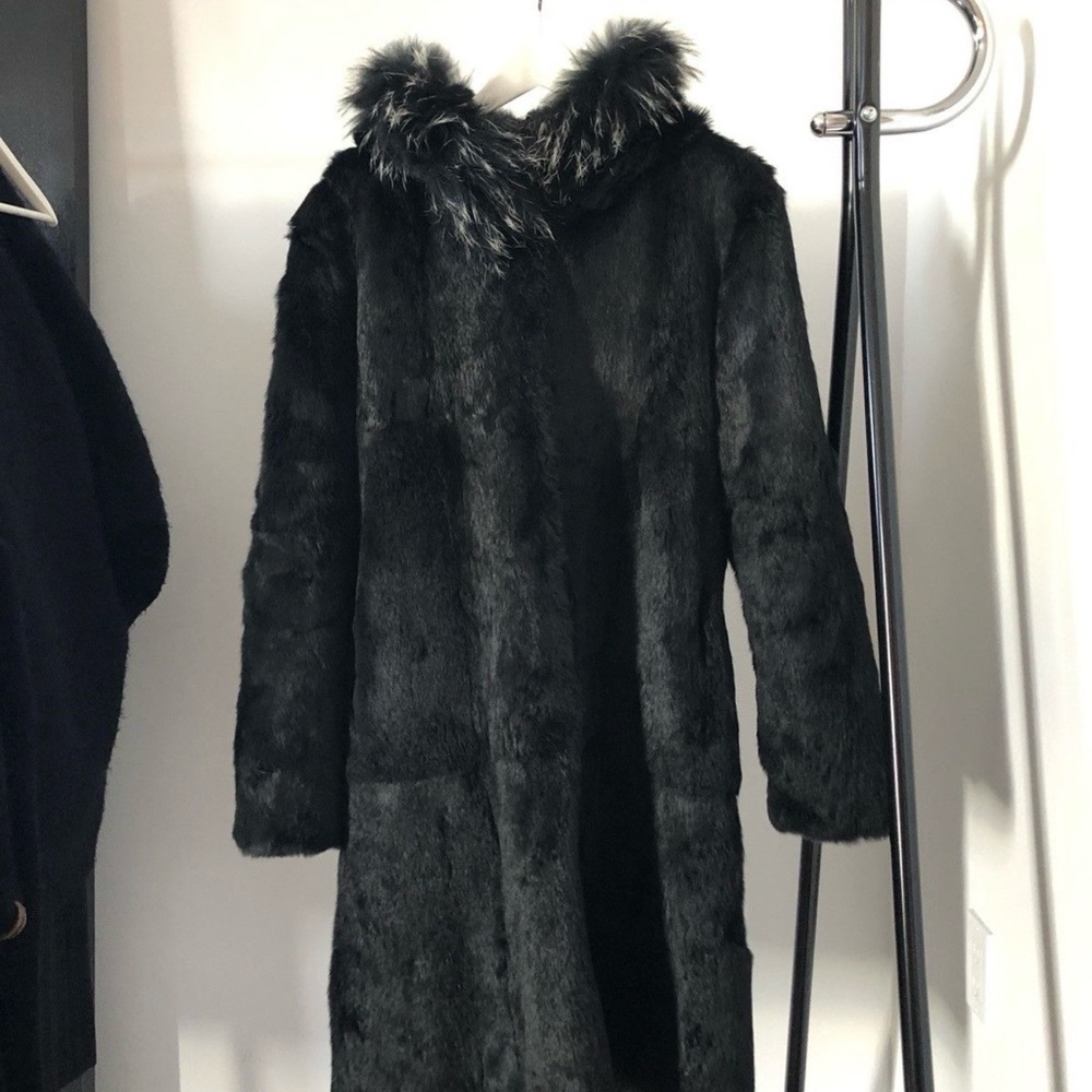 Black Hooded Rabbit Fur Coat with Contrast Fur Trim